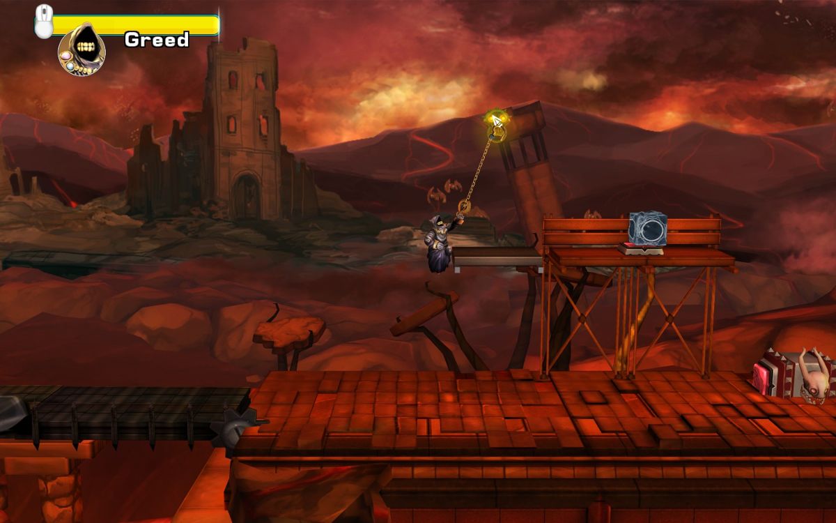Party of Sin (Windows) screenshot: Greed's grappling hook saves the day.