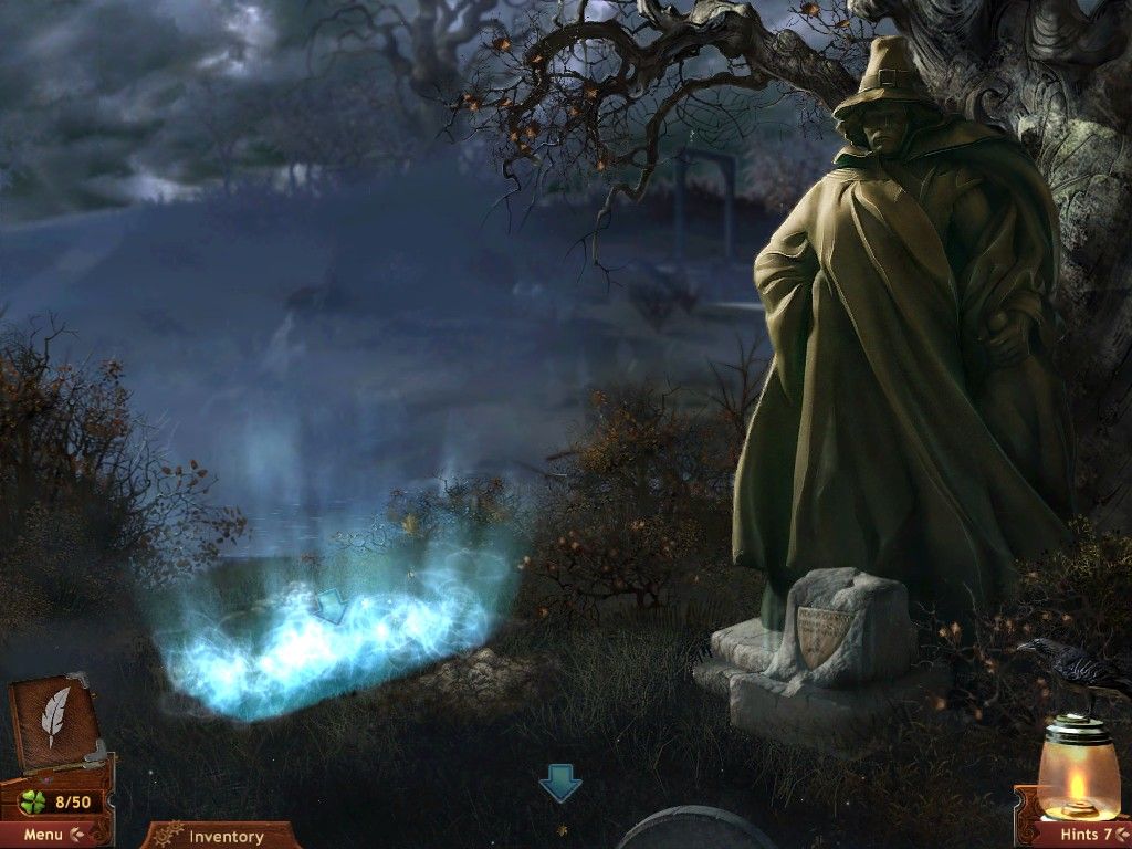 Midnight Mysteries: Salem Witch Trials (iPad) screenshot: Roger Conant statue & plaque before entering grave to investigate rumors of Hawthorne's death