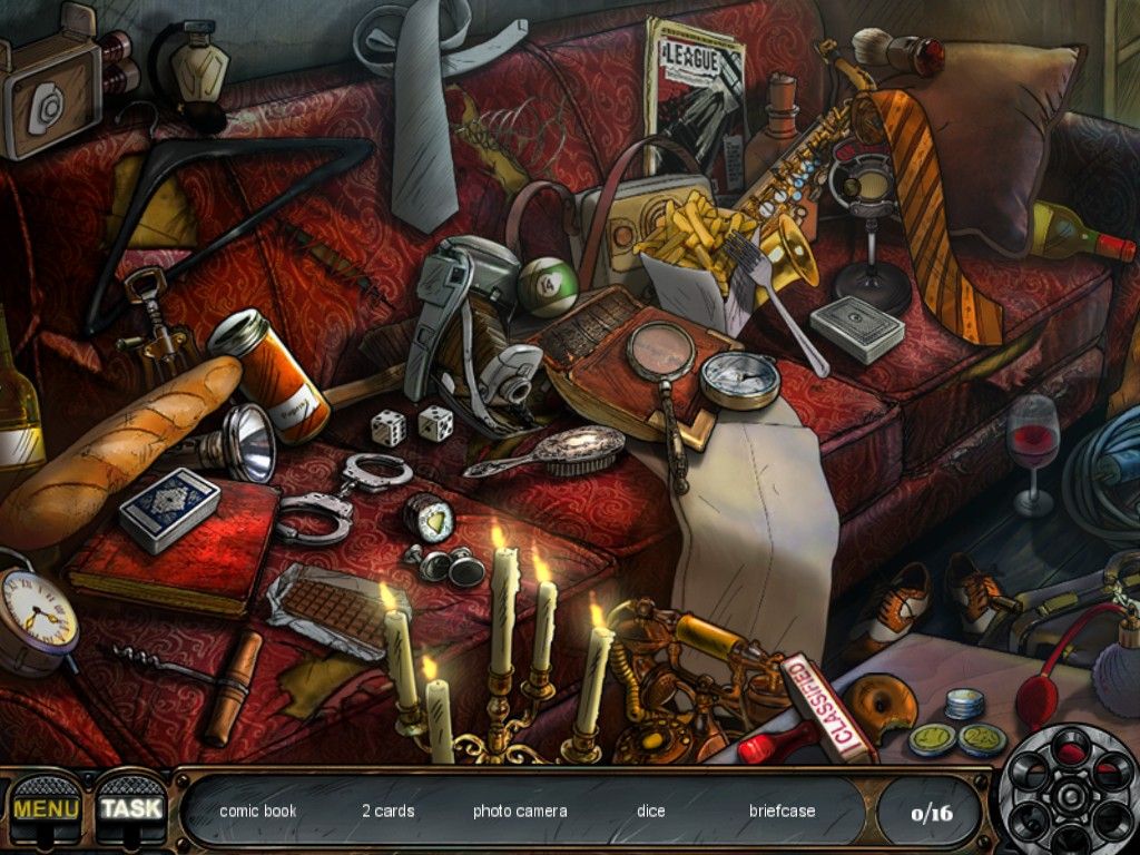 Nick Chase and the Deadly Diamond (iPad) screenshot: Joe the Scribbler's couch - objects