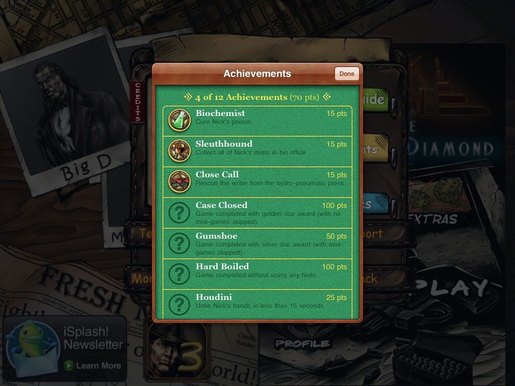 Nick Chase and the Deadly Diamond (iPad) screenshot: Achievements