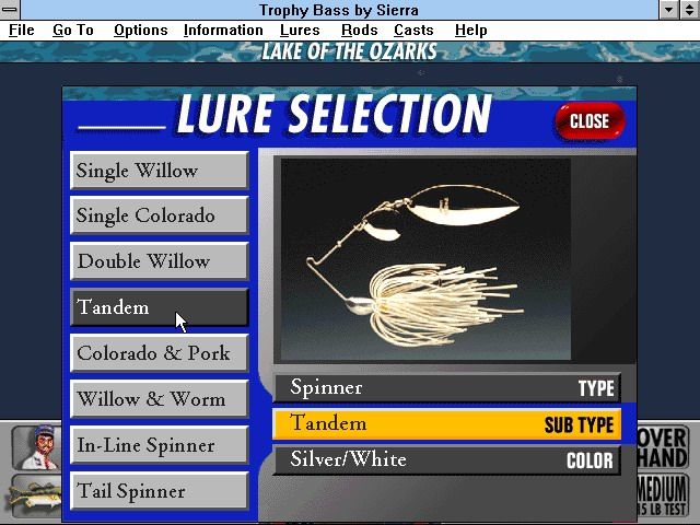 Trophy Bass (Windows 3.x) screenshot: Lure Selection