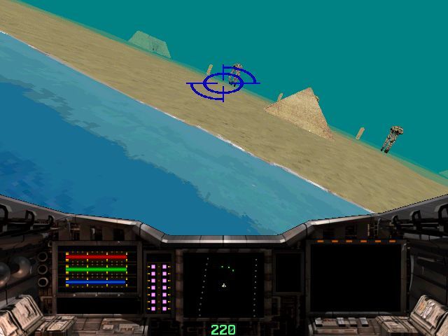 Shockwave Assault (Windows) screenshot: If this is Egypt then there must be pyramids, or is that the other way around? Two enemy walker things ahead. In the bottom left the red bar is the shields, green is weapons and blue is fuel