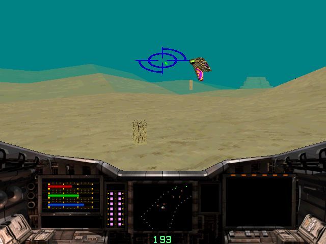 Shockwave Assault (Windows) screenshot: In addition to the walkers there are flying things. The central part of the cockpit display is a radar. Different colours for different bad guys. It also shows the safe fly zone