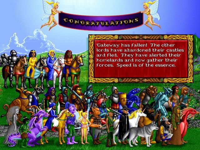Heroes of Might and Magic (Windows) screenshot: You are victorious, time for the next mission.