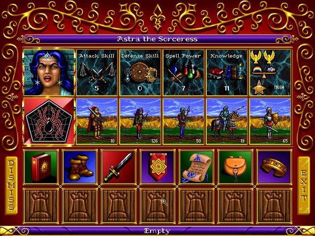 Heroes of Might and Magic (Windows) screenshot: You can check skills and army of your heroes.
