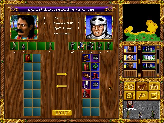 Heroes of Might and Magic (Windows) screenshot: You can exchange army and items between your heroes when they're next to one another.