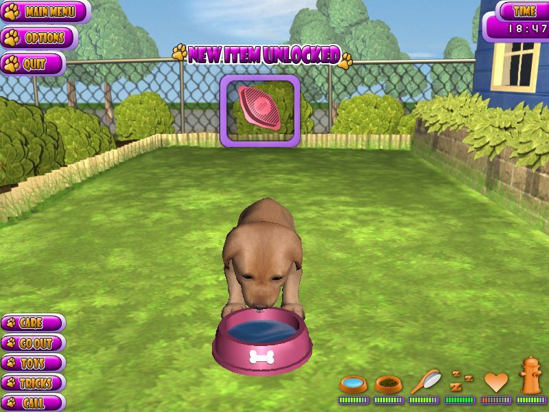 Puppy Luv: A New Breed (Windows) screenshot: By selecting the food the puppy is fed, and by feeding him the player is rewarded by the unlocking of the frisbee toy and the rubber brush.