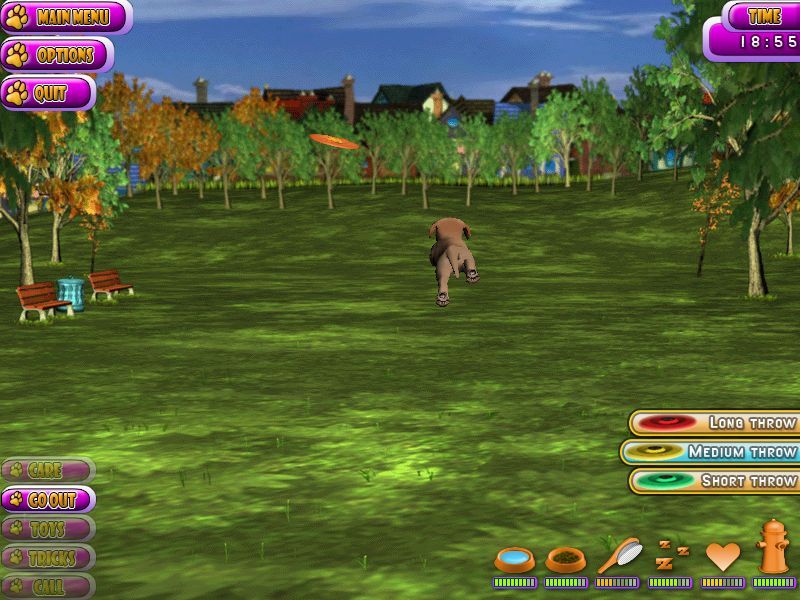 Puppy Luv: A New Breed (Windows) screenshot: At Big Leaf park there's a chance to really exercise the puppy with some long throws. At present he's too young and won't chase a long throw