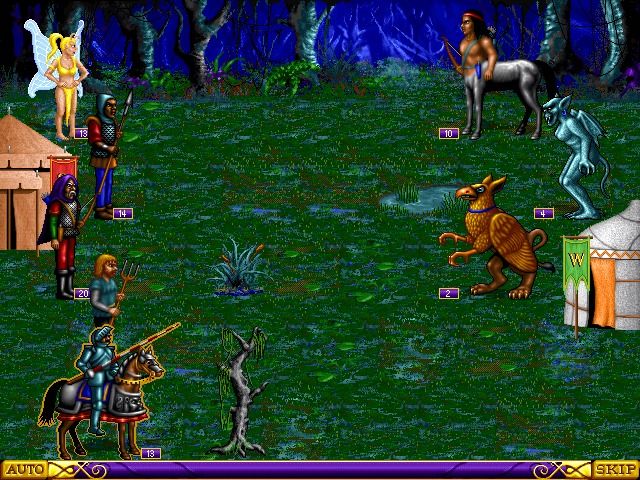 Heroes of Might and Magic (Windows) screenshot: Battling enemy hero, which is indicated by mixed units and a tent, on a swamp terrain.