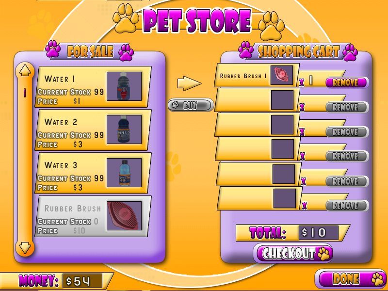 Puppy Luv: A New Breed (Windows) screenshot: At the store about to buy the rubber brush. Water and food are available from the start but other toys and treats must be unlocked by playing the game
