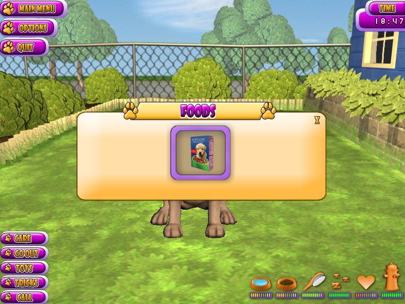 Puppy Luv: A New Breed (Windows) screenshot: There is some food in stock so this can be selected. If there were no food available the player would be prompted to go to the pet store