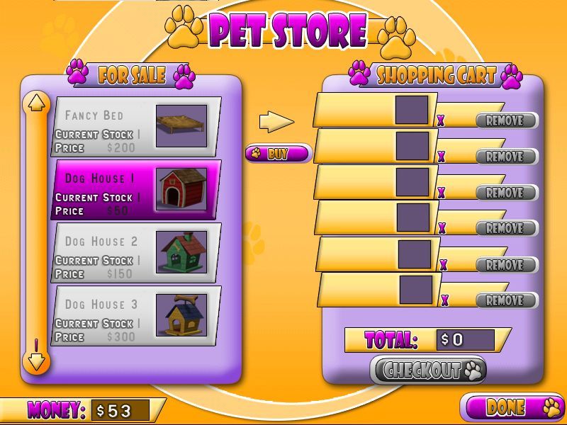 Puppy Luv: A New Breed (Windows) screenshot: Buying the dog house at the pet store. Just enough money