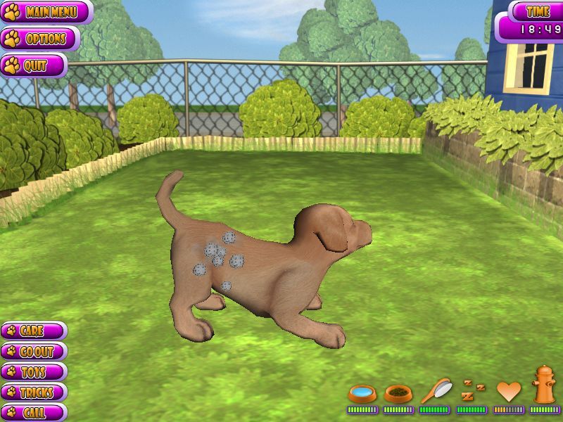 Puppy Luv: A New Breed (Windows) screenshot: Here the dog is being brushed. This is done by holding down the left mouse button and moving the cursor all over the dog