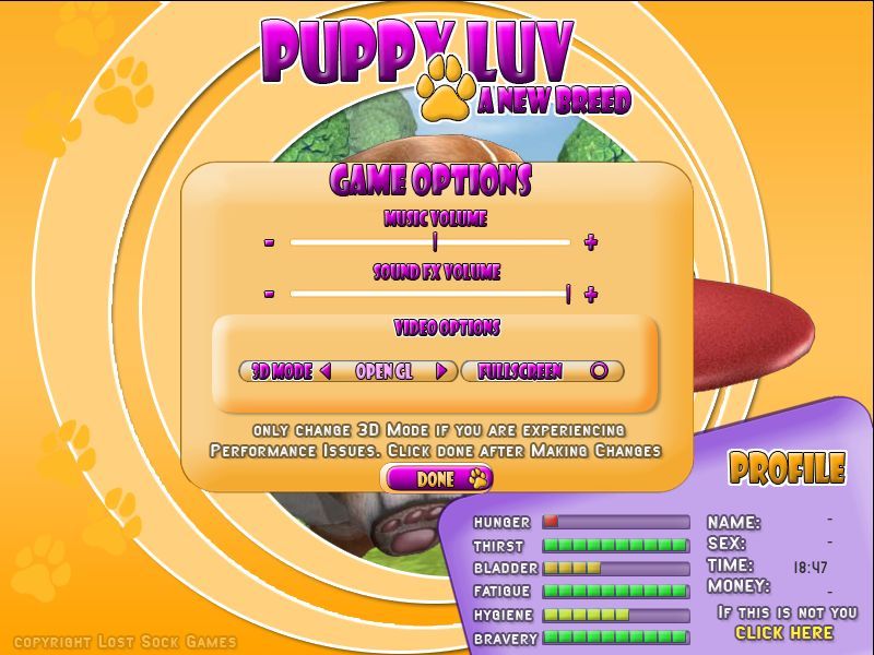 Puppy Luv: A New Breed (Windows) screenshot: These are the game configuration options. They're really quite simple as befits the target audience.