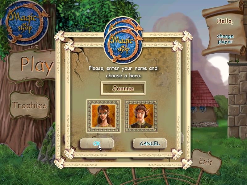 Magic Shop (Windows) screenshot: Type in a name and choose an avatar (male or female)