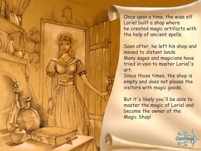 Magic Shop (Windows) screenshot: The game begins with a short backstory