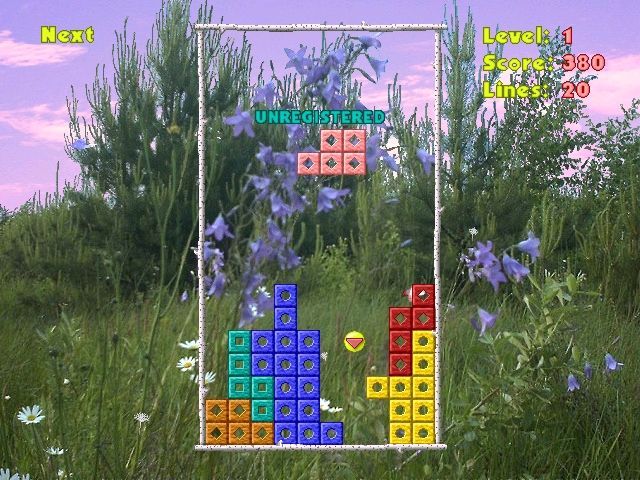 Animate TetBlox (Windows) screenshot: The shapes in Pentix are entirely different than classic tetris. Passing over the "down arrow" bonus icon (bottom right) will clear everything below it.