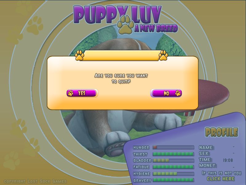 Puppy Luv: A New Breed (Windows) screenshot: The log out screen. There is no save slot, the game saves automatically