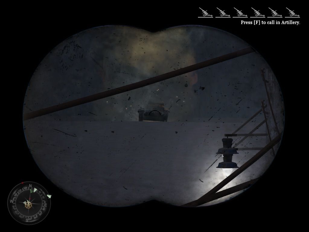 Call of Duty 2 (Macintosh) screenshot: Using binoculars to call in artillery strikes of advancing German tanks