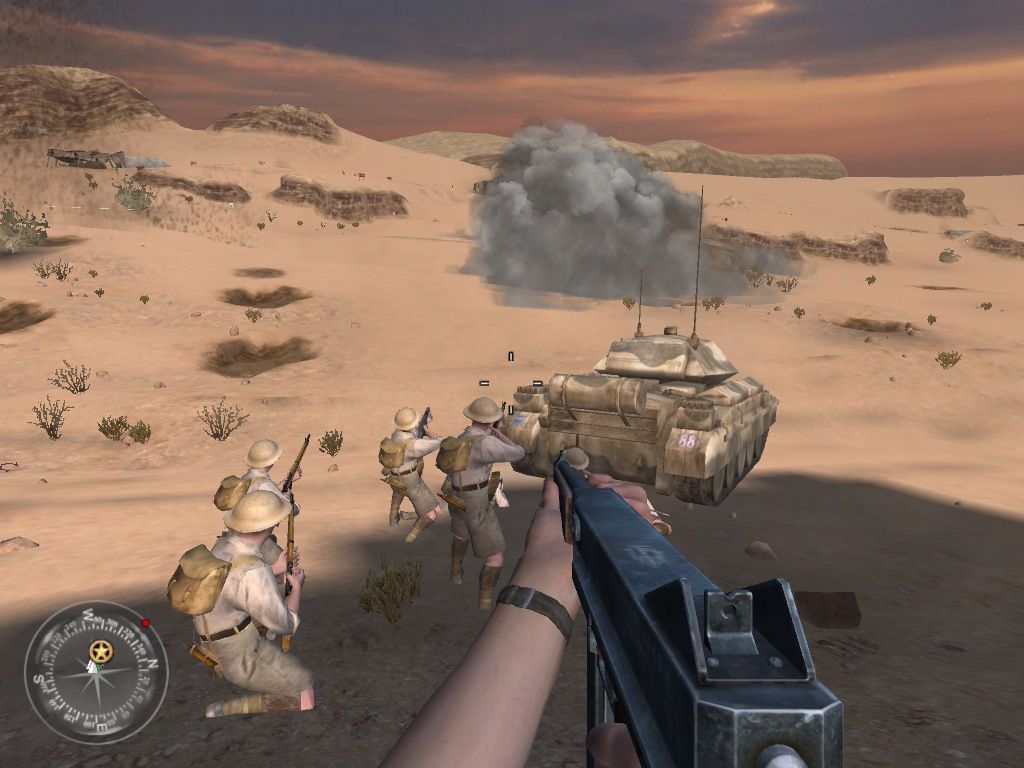 Call of Duty 2 (Macintosh) screenshot: Advancing on German trenches using tanks for cover