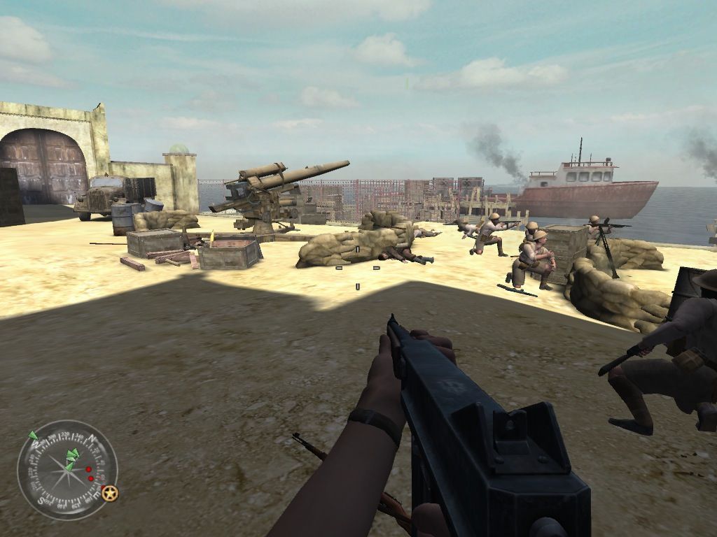 Call of Duty 2 (Macintosh) screenshot: Advancing taking out coastal guns