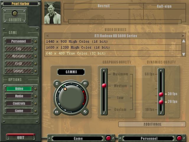 Pearl Harbor: Strike at Dawn (Windows) screenshot: After an introductory video sequence the game comes to this, the main menu. All the controls are here. There's a good range of screen resolutions to choose from