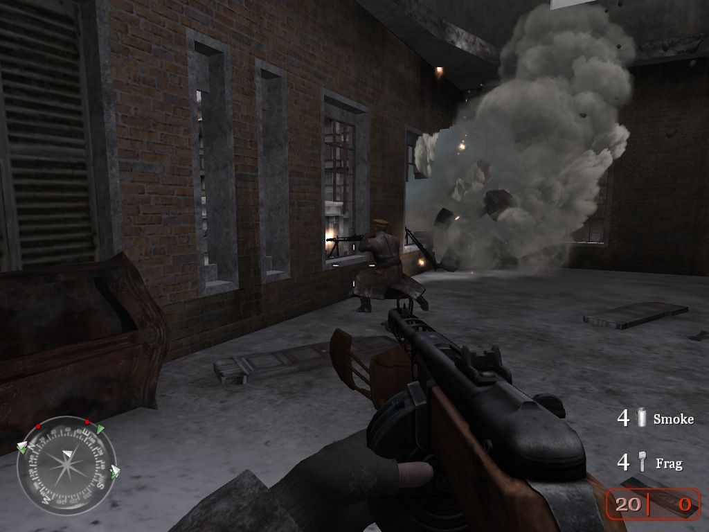 Call of Duty 2 (Macintosh) screenshot: Barely escaped before the tank destroys my machine gun position