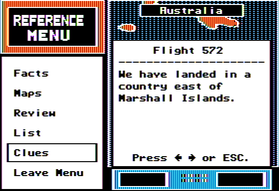 Geo Whiz: A World Geography Program (Apple II) screenshot: Landed in a Country East of the Marshall Islands