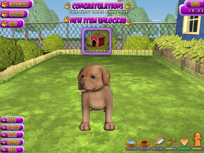 Puppy Luv: A New Breed (Windows) screenshot: After five successful performances the puppy has learned the trick and the player is rewarded with another unlocked item - in this case a dog house.