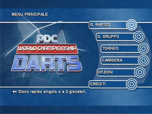 PDC World Championship Darts (Windows) screenshot: The main menu in Italian. While the menus and game text changes with the selected language the commentary is still in English