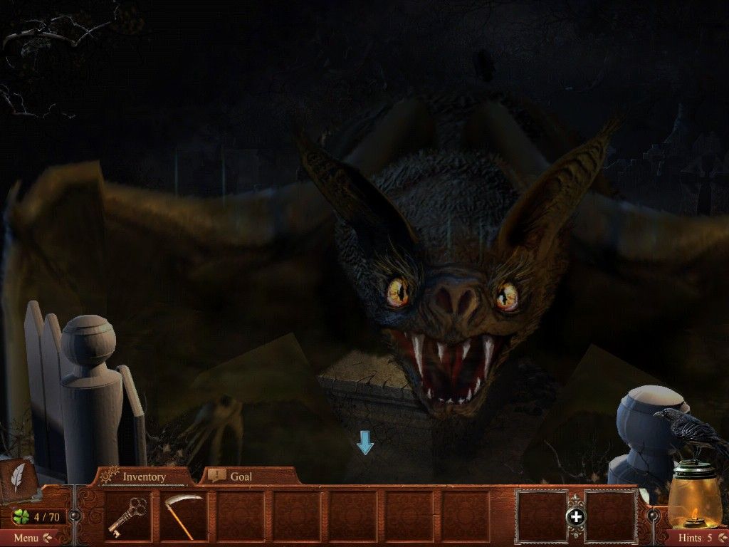 Midnight Mysteries: Devil on the Mississippi (iPad) screenshot: Being attacked by bats in the cemetery