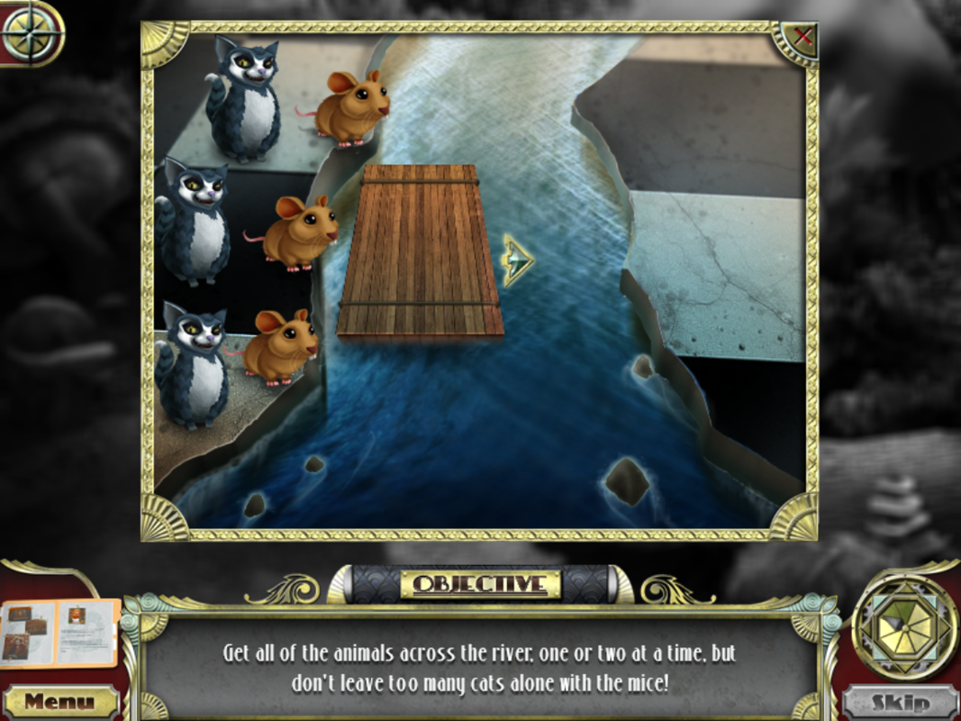 Fiction Fixers: Adventures in Wonderland (Windows) screenshot: The Caterpillar's riddle. Try to get everyone across the river. Don't leave behind more cats than mice or the mice die. There must be 1 creature on the raft for it to move but no more than 2.