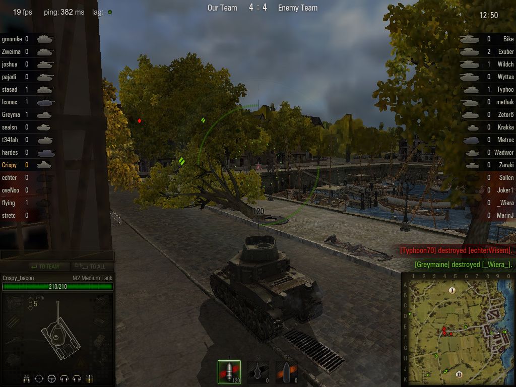 World of Tanks (Windows) screenshot: A tree's been knocked down by another tank - most of the objects on the map can be knocked down or destroyed by running into it or shooting it