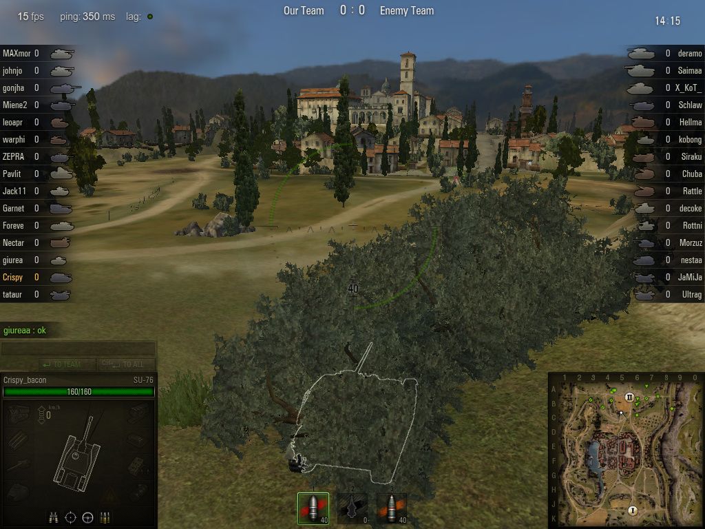 World of Tanks (Windows) screenshot: You can use bushes to hide from enemy tanks, preventing them from detecting you until (hopefully) it's too late