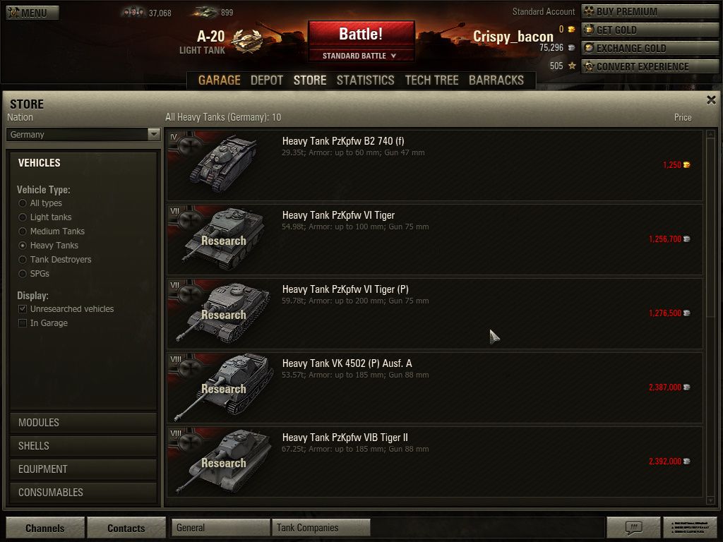 World of Tanks (Windows) screenshot: Store showing German heavy tanks: the top tank is a premium tank (bought for real $$$ but can't be upgraded), while the rest can be bought after being researched and paid for with credits