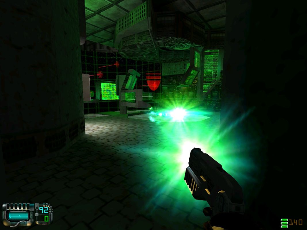 Gunman Chronicles (Windows) screenshot: Standard energy pistol in rapid fire mode.