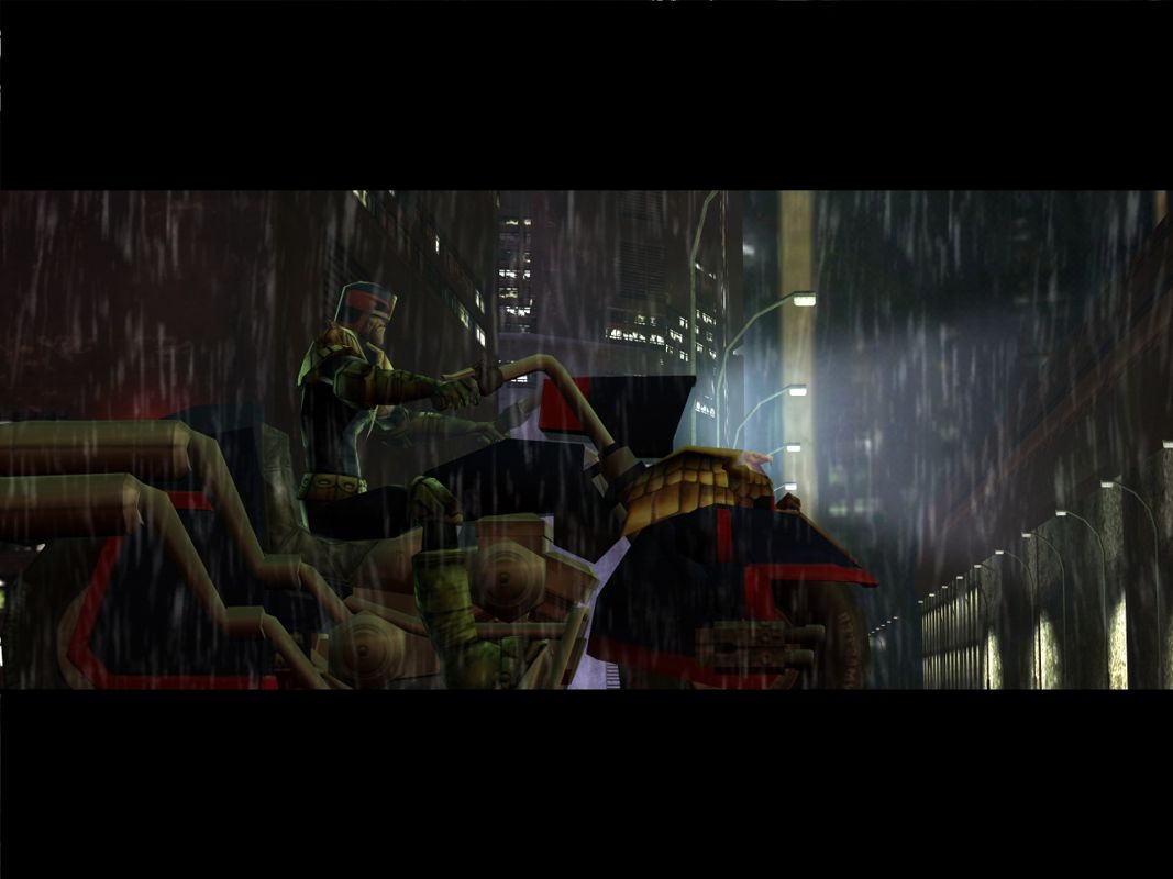 Judge Dredd: Dredd vs Death (Windows) screenshot: Dredd on the Lawmaster. Can't ride it in game though.