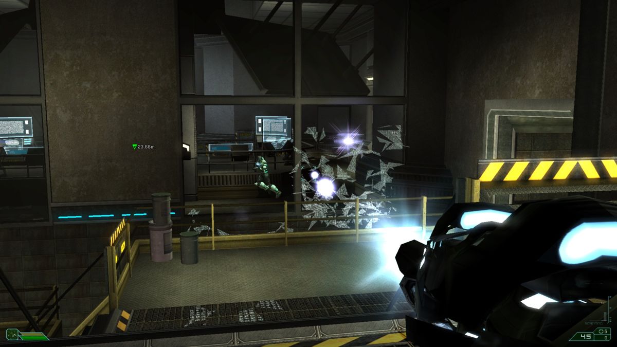 Area-51 (Windows) screenshot: Shattering some glass with an alien energy launcher.