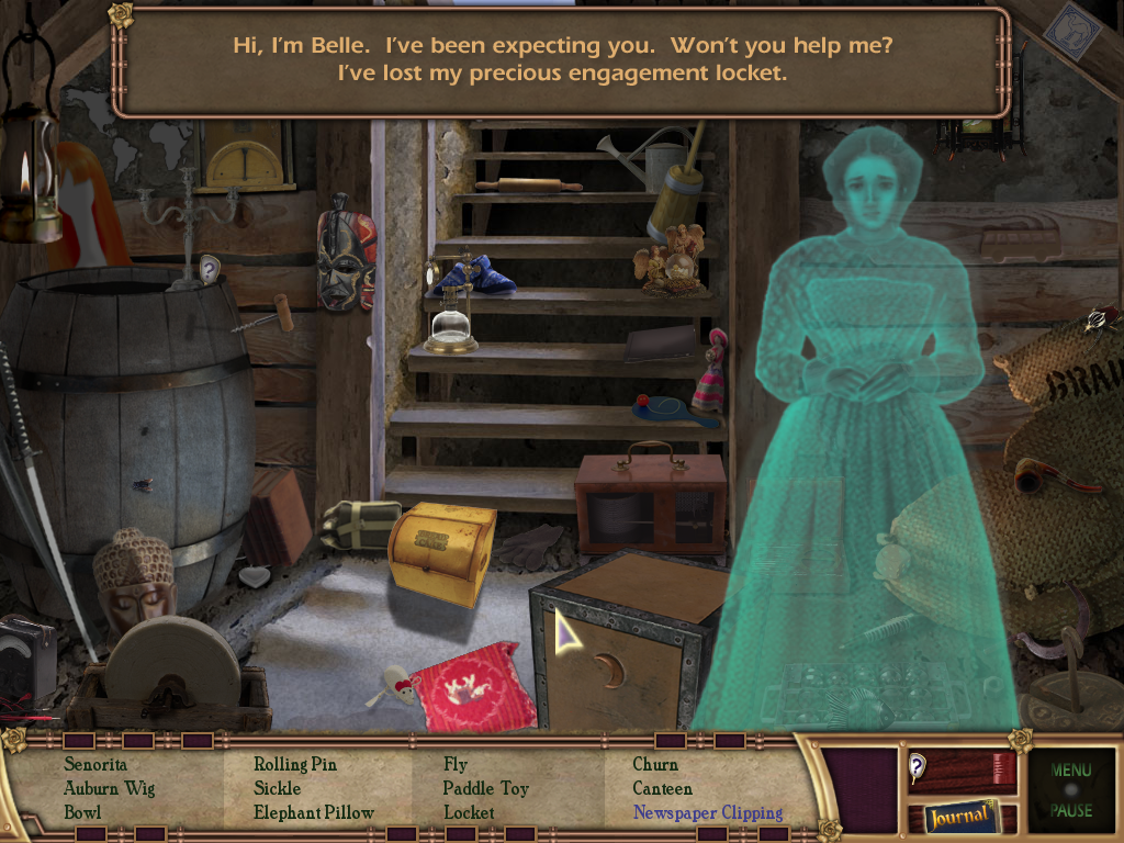 Hidden in Time: Looking-glass Lane (Windows) screenshot: Meet Belle, or at least her spirit. You have to find the items at the bottom, including her locket.