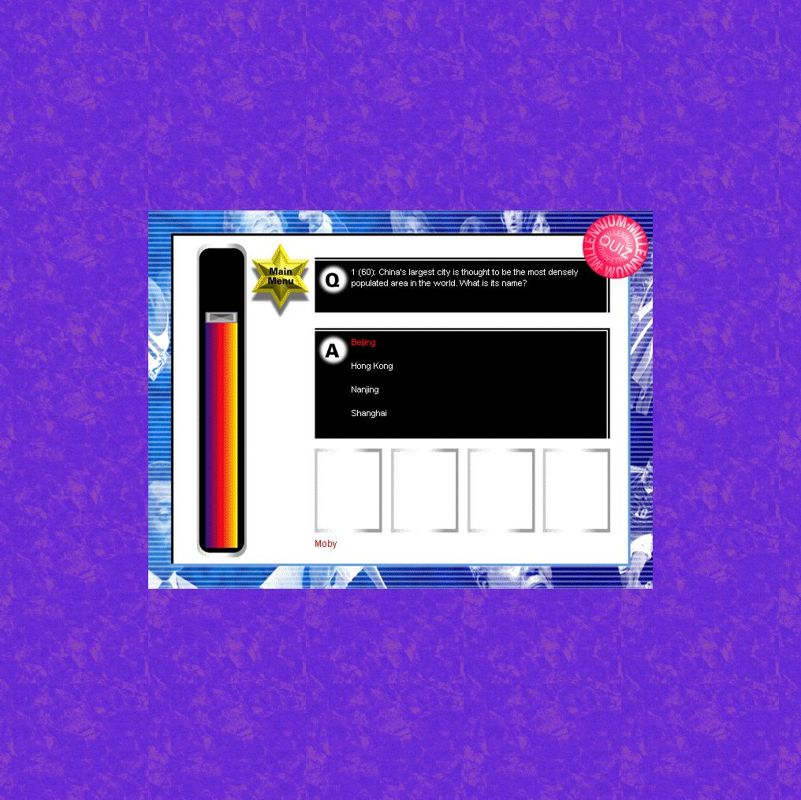 Millennium Quiz (Windows) screenshot: The question is sometimes displayed a word at a time, in it's entirity, or sometimes it is scrolled. All questions are multiple choice