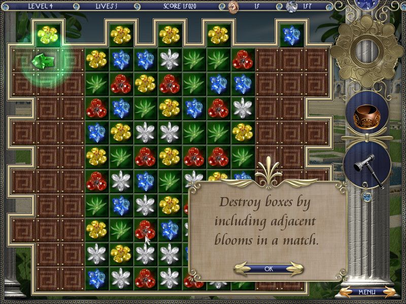 Babylonia (Windows) screenshot: To destroy boxes, make matches in which part of the match touches a box.