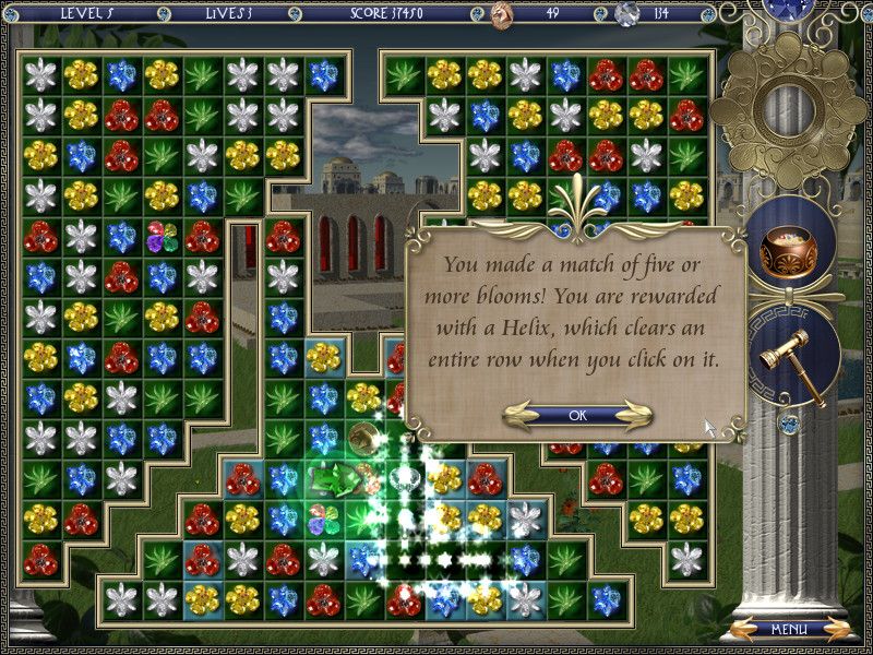 Babylonia (Windows) screenshot: Make a five-way match and it creates a Helix. That clears an entire horizontal row of blooms, tiles and chains. It will clear boxes but not what is under them.