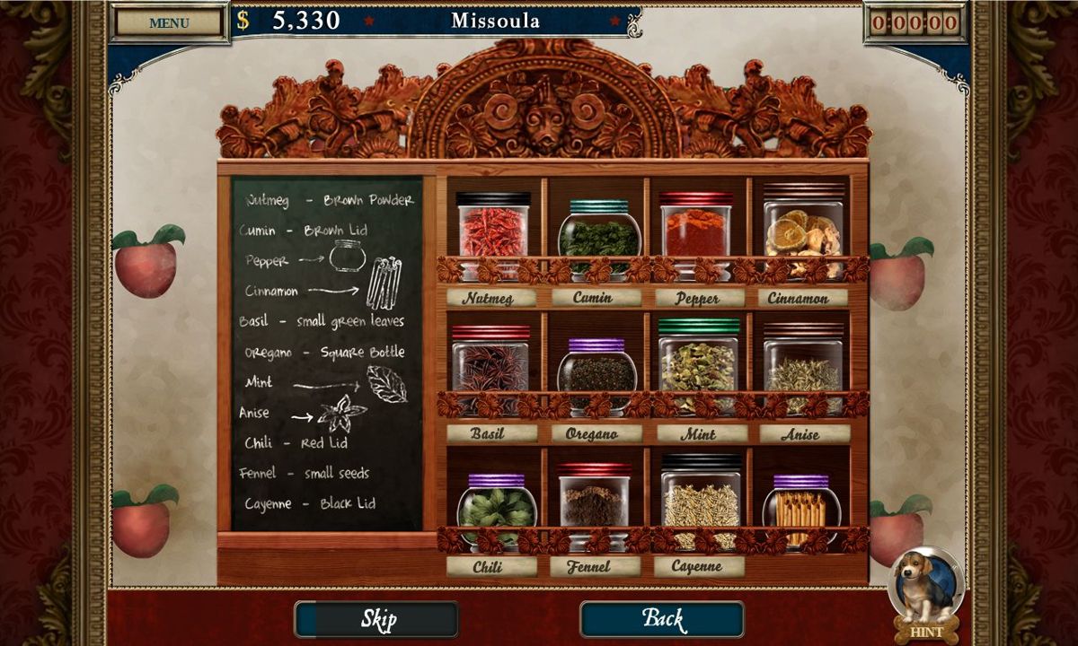 Antique Road Trip 2: Homecoming (Windows) screenshot: A puzzle wherein a player must match the right spice jar on the right place on the spice rack.