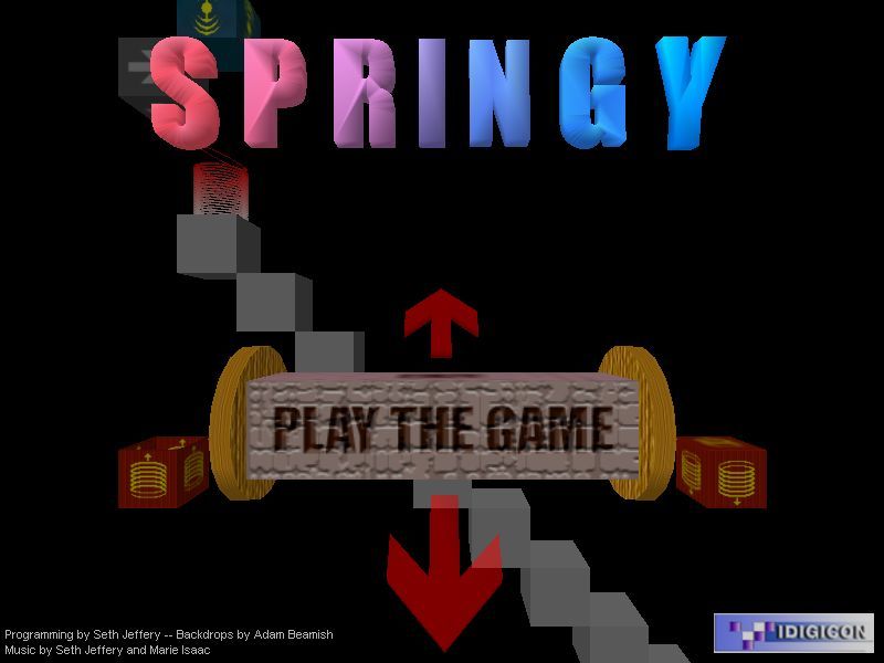 Springy (Windows) screenshot: Springy's main menu. The central bar, currently showing 'Play the Game' rotates offering the Instructions, Level Editor, and Exit options