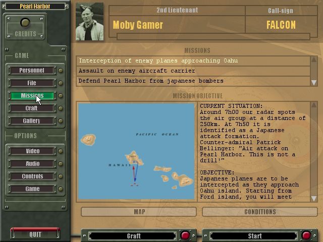 Pearl Harbor: Strike at Dawn (Windows) screenshot: After creating a player id, in this case Moby Gamer, The player gets to see the first mission. Planes are coming in from the south - stop them. Seems simple enough