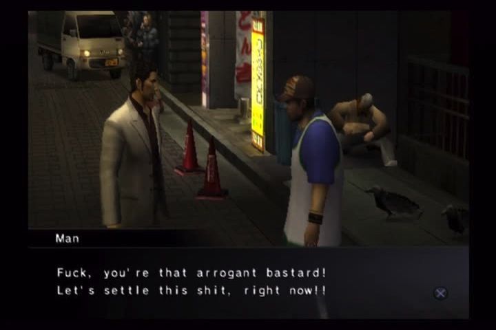 Yakuza (PlayStation 2) screenshot: Punks and rival stop you often for a fight. It's Kaz's primary source of income.