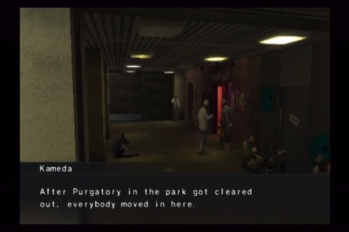Yakuza 2 (PlayStation 2) screenshot: Purgatory has been cleared out to make room for Majima's construction project. They relocated.