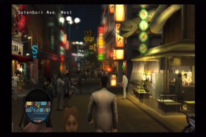 Yakuza 2 (PlayStation 2) screenshot: New restaurants and businesses to explore in Sōtenbori.