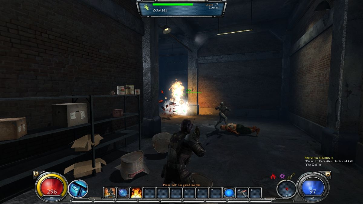 Hellgate: London (Windows) screenshot: Explosion effects and physics gibs. (DX10)