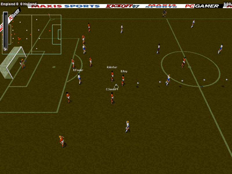 Kick Off 97 (DOS) screenshot: In-game, using the side camera and a 800x600 res.